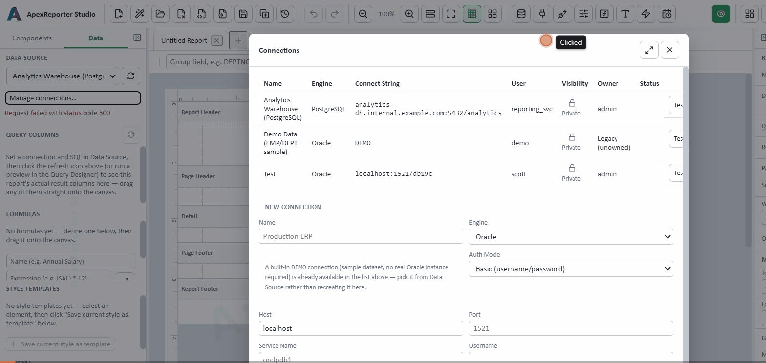 Building a report with the Table (tablix) element against a live Oracle connection
